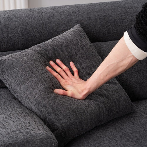 LY-029 GRAY COMPRESSION SOFA 4-seater Combined Sofa, Wood Grain Chenille Fabric, Full Sponge Compression Sofa,combined Sofa With 2 Pillows For Living Home Furniture Apartment
