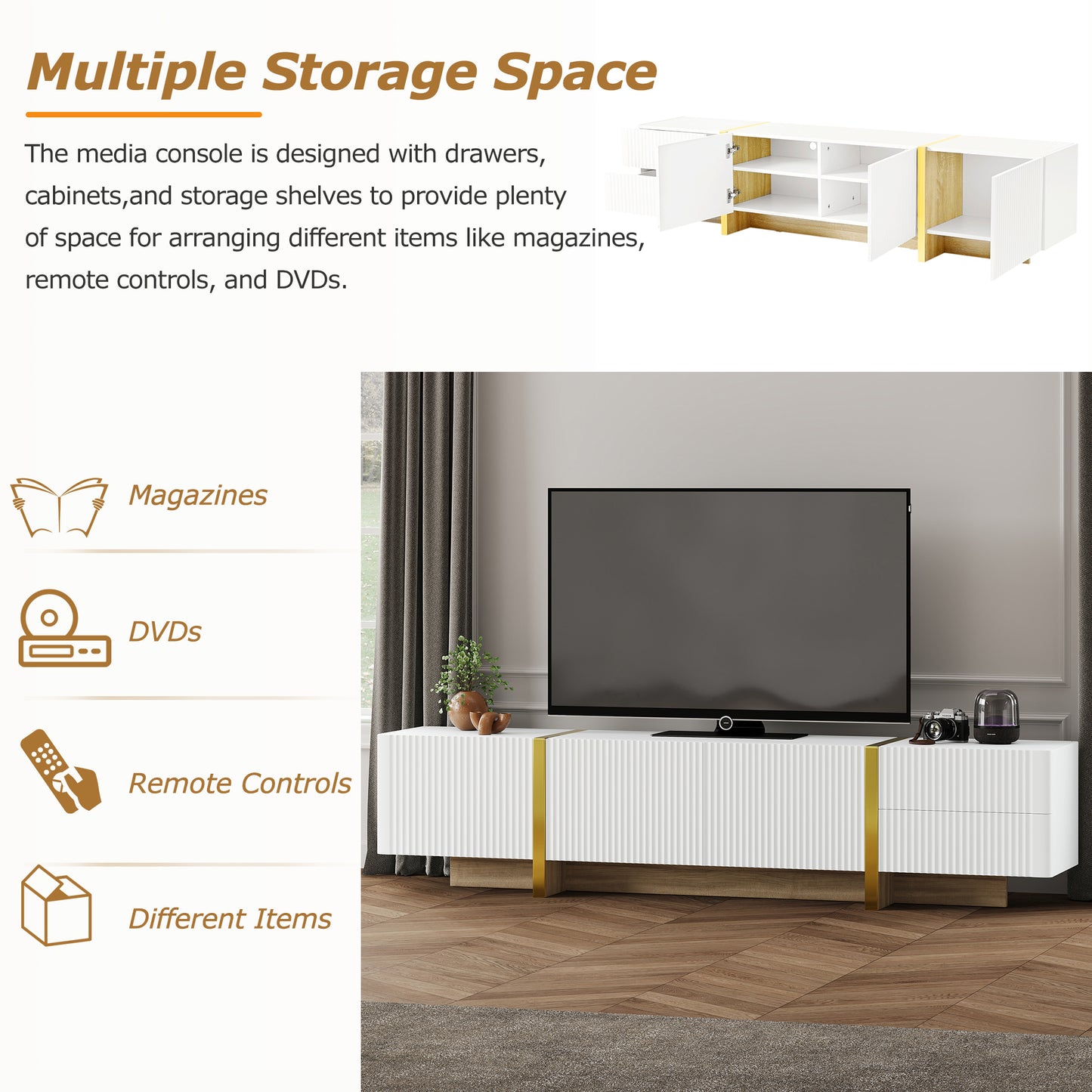 ON-TREND Luxury Fluted TV Stand For TVs Up To 80'', Modern Entertainment Center With Storage Cabinets & Drawers, Smooth Media Console With Golden Wood Grain Legs For Living Room, White