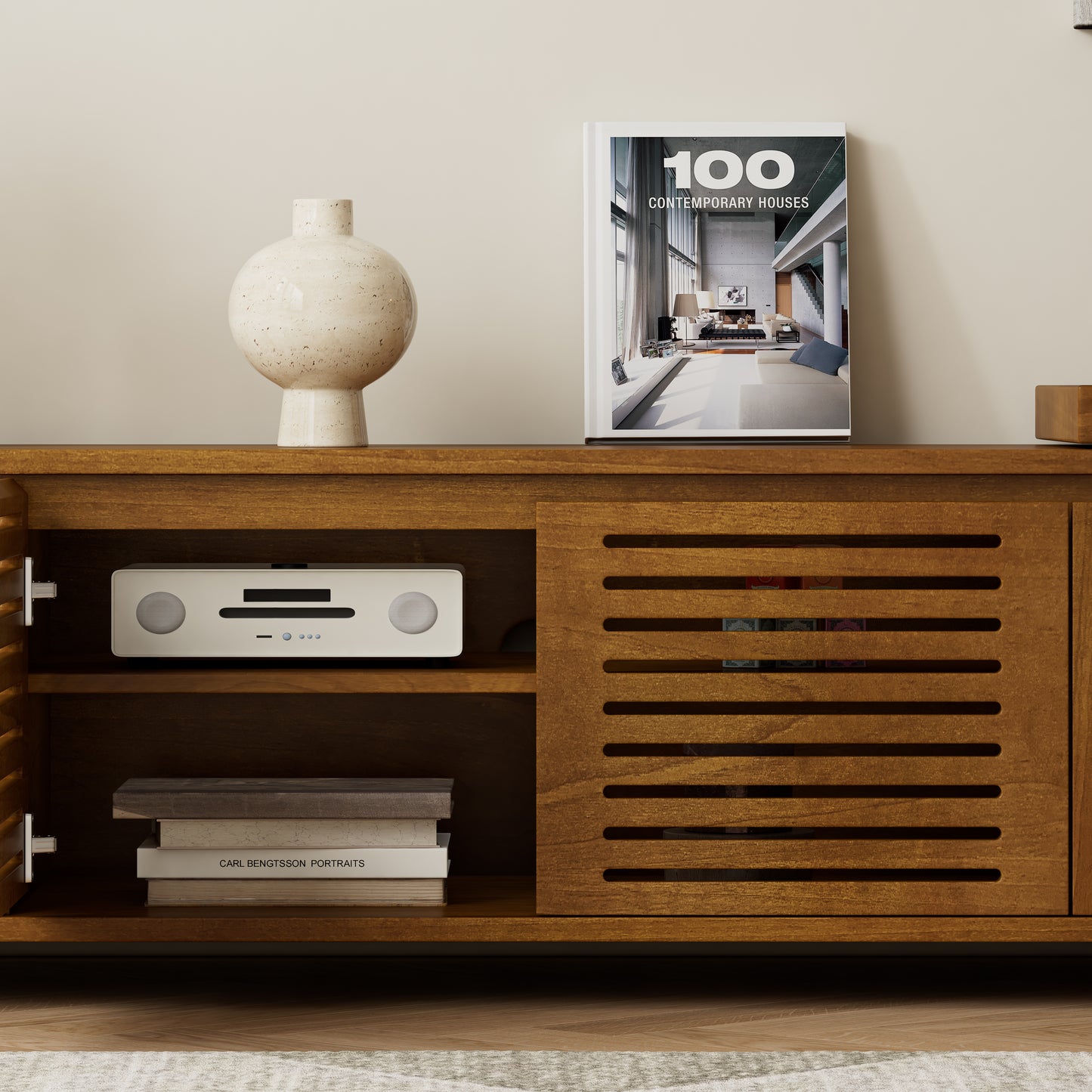 63 Mid-Century Modern Extendable TV Stand For TVs Up To 75, Media Console TV Cabinet For Living Room, Farmhouse Entertainment Cabinet With Storage & Adjustable Panel