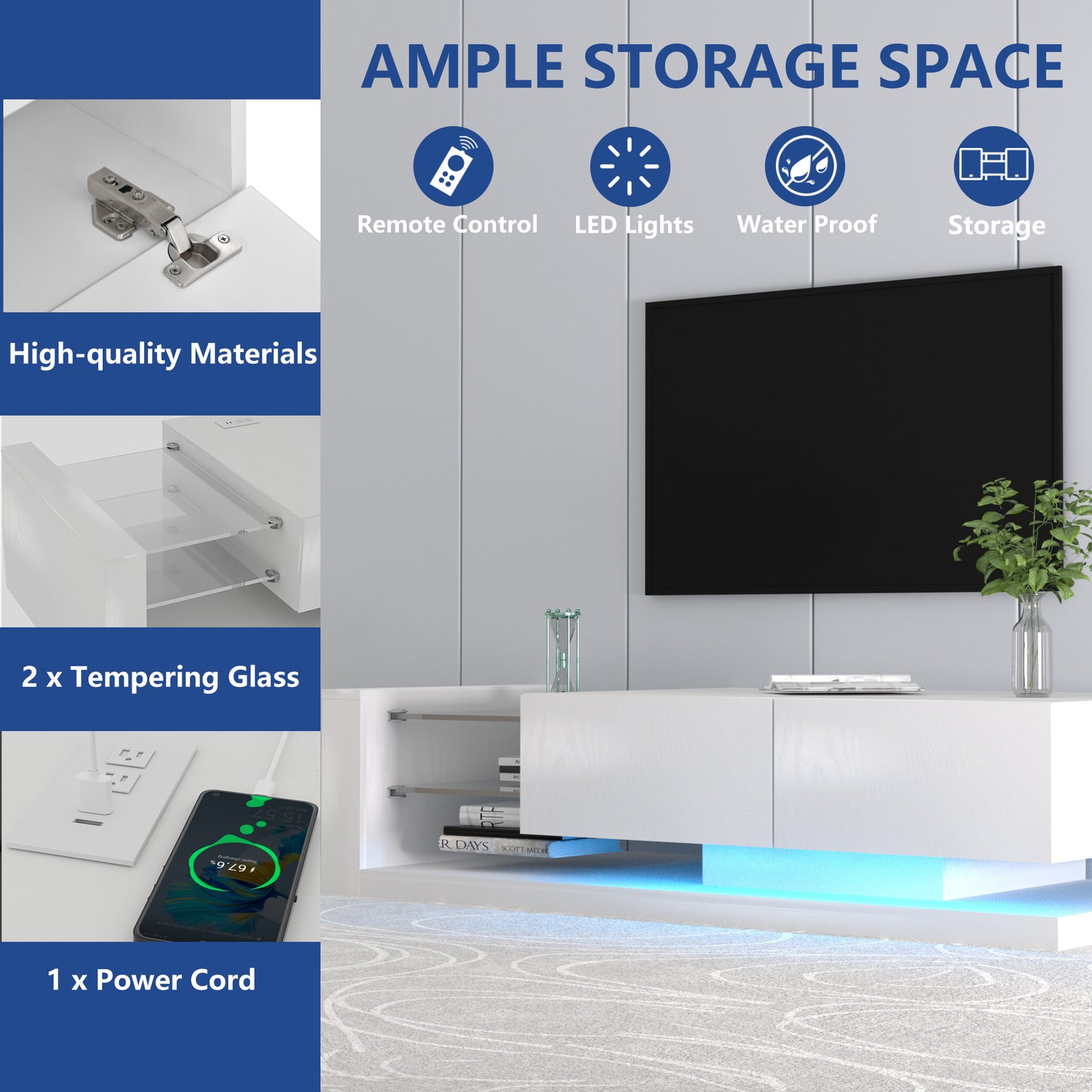 TV Console With Storage Cabinets, Full RGB Color 31 Modes Changing Lights Remote RGB LED TV Stand, Modern Entertainment Center White For 75 Inches TV