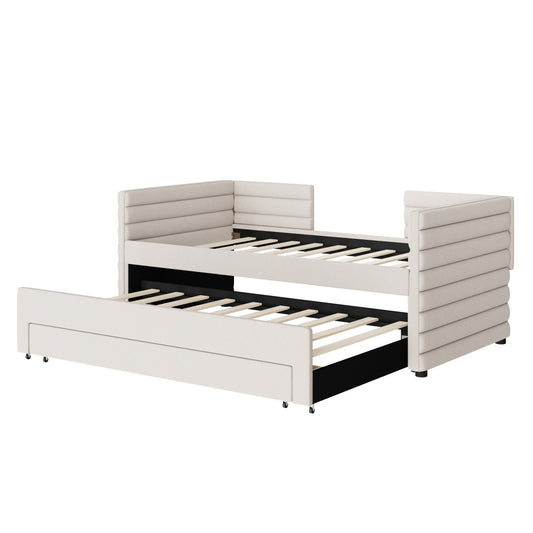 Twin Size Upholstered Daybed With Trundle And 3 Storage Drawers, Chenille Fabric Sofa Bed For Guest Room, Living Room, Space-Saving Modern Day Bed Frame, No Box Spring Needed
