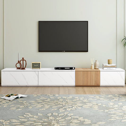 ON-TREND TV Stand With Faux Marble And Walnut Wood Grain Finish For TVs Up To 88'', Modern Free-Combination Entertainment Center With 4 Storage Drawers For Living Room, White