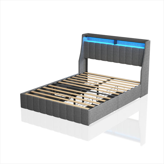 Queen Size Bed Frame With LED, Storage Drawers, Wings Headboard - Light Gray