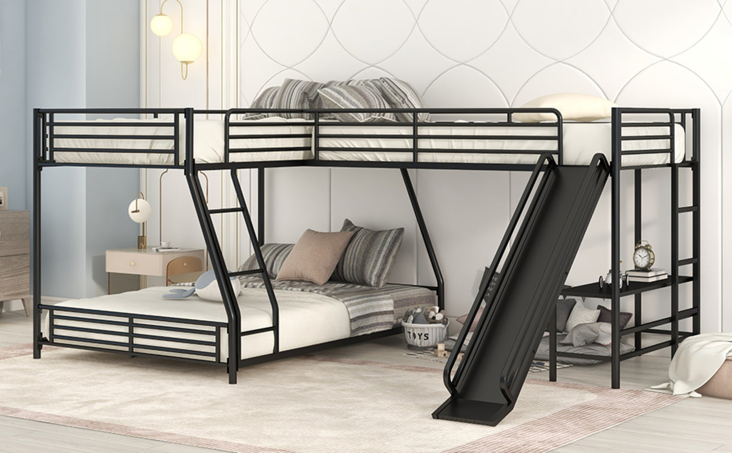 L-Shaped Twin Full Bunk Bed With Loft, Desk Slide, Black