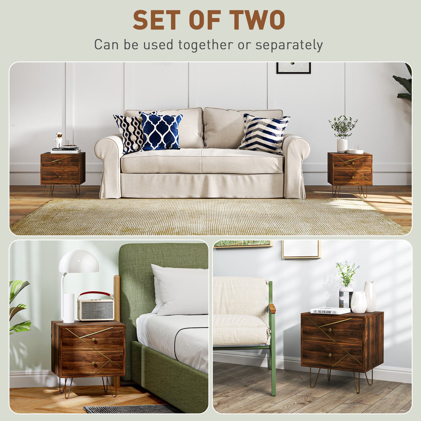 Bedside Tables Set Of 2, Modern Side Table Set With 2 Drawers And Steel Hairpin Legs, Nightstand For Bedroom, Brown Wood Grain