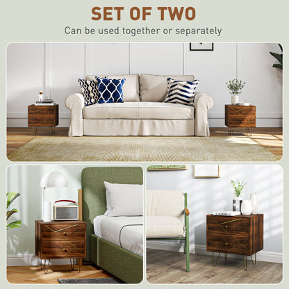 Bedside Tables Set Of 2, Modern Side Table Set With 2 Drawers And Steel Hairpin Legs, Nightstand For Bedroom, Brown Wood Grain