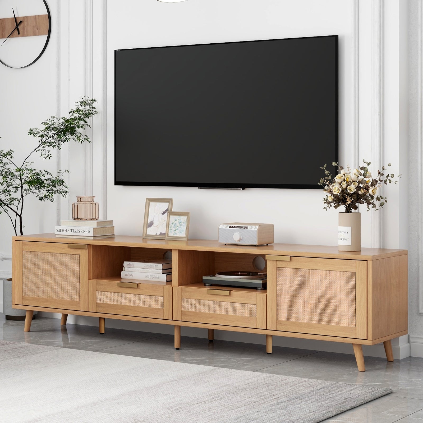 Rattan TV Stand For TVs Up To 85'', Modern Farmhouse Media Console Center