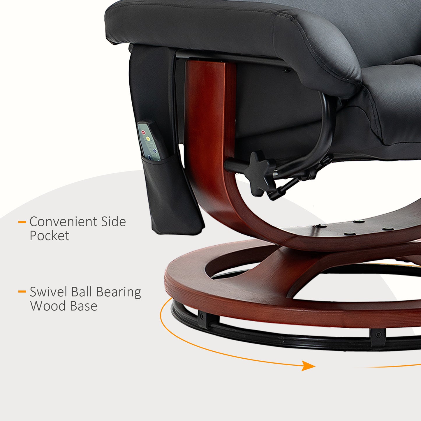 Recliner Chair with Ottoman, Electric Faux Leather Recliner with 10 Vibration Points and 5 Massage Mode, Reclining Chair with Swivel Wood Base, Remote Control and Side Pocket, Black