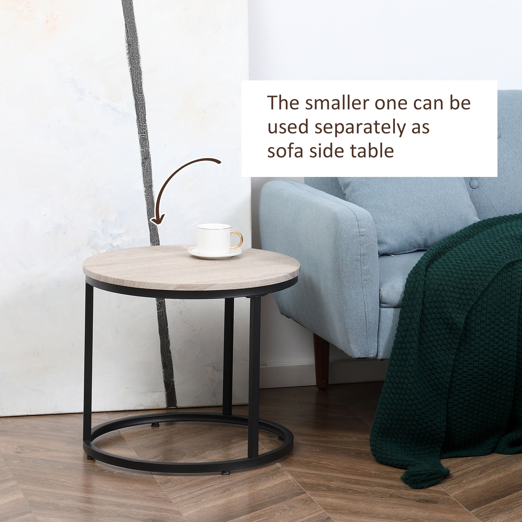 Round Nesting Tables Set of 2, Stacking Coffee Table Set with Metal Frame for Living Room, Grey