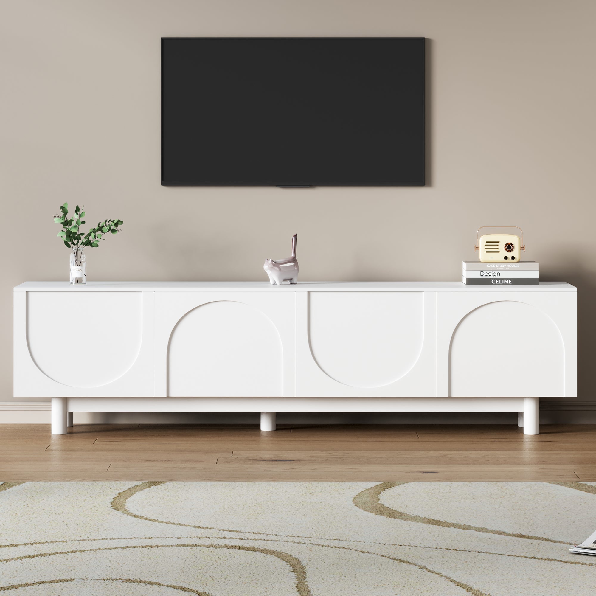 ON-TREND Graceful TV Stand With Arch Cabinets For TVs Up To 78'', Minimalist Entertainment Center With Solid Wood Legs, Practical Media Console With Adjustable Shelves For Living Room, White
