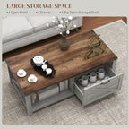 Coffee Table with Storage, Farmhouse Living Room Table with Storage Drawer and Open Shelf, Distressed Gray