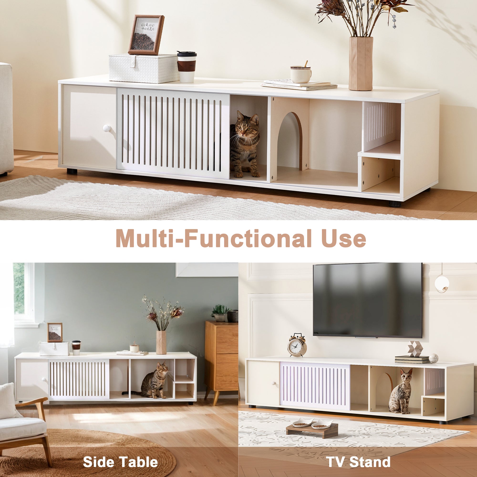 Modern Cream White TV Stand With Storage, Cat Litter Box Enclosure With Removable Sliding Door