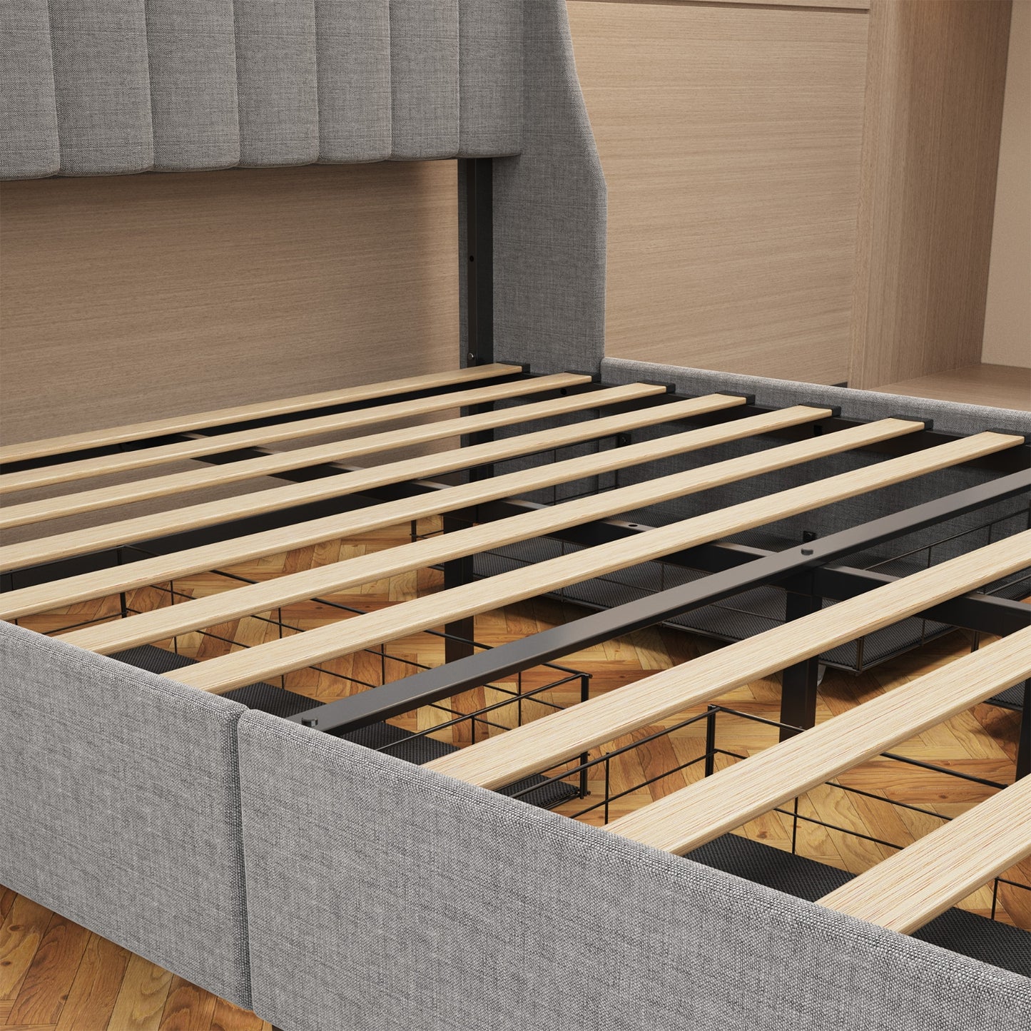 Queen Size Bed Frame With LED, Storage Drawers, Wings Headboard - Light Gray