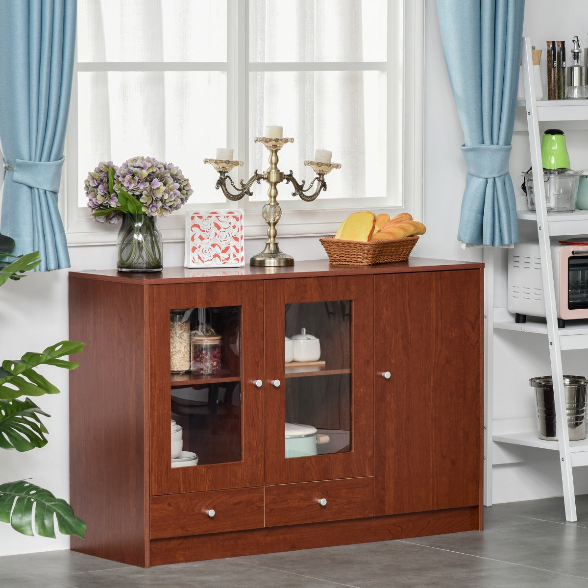 Kitchen Buffet Table Cabinet Storage Sideboard Server Console with Framed Acrylic Doors and Tabletop, Brown
