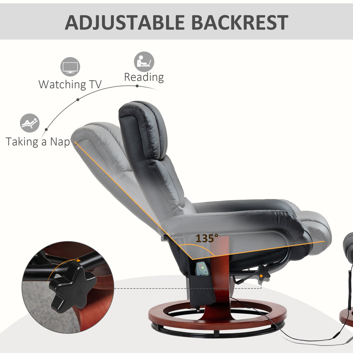 Recliner Chair with Ottoman, Electric Faux Leather Recliner with 10 Vibration Points and 5 Massage Mode, Reclining Chair with Swivel Wood Base, Remote Control and Side Pocket, Black