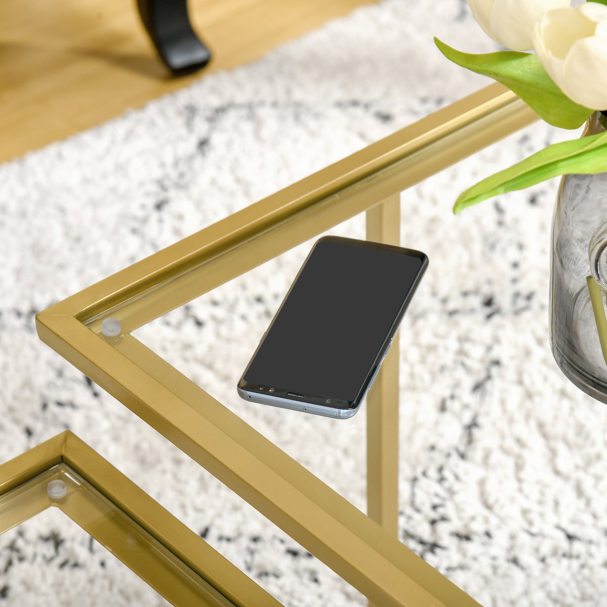 Coffee Table, Tempered Glass Coffee Table with 2 Square Tabletops, Modern Coffee Tables for Living Room, Bedroom, Gold