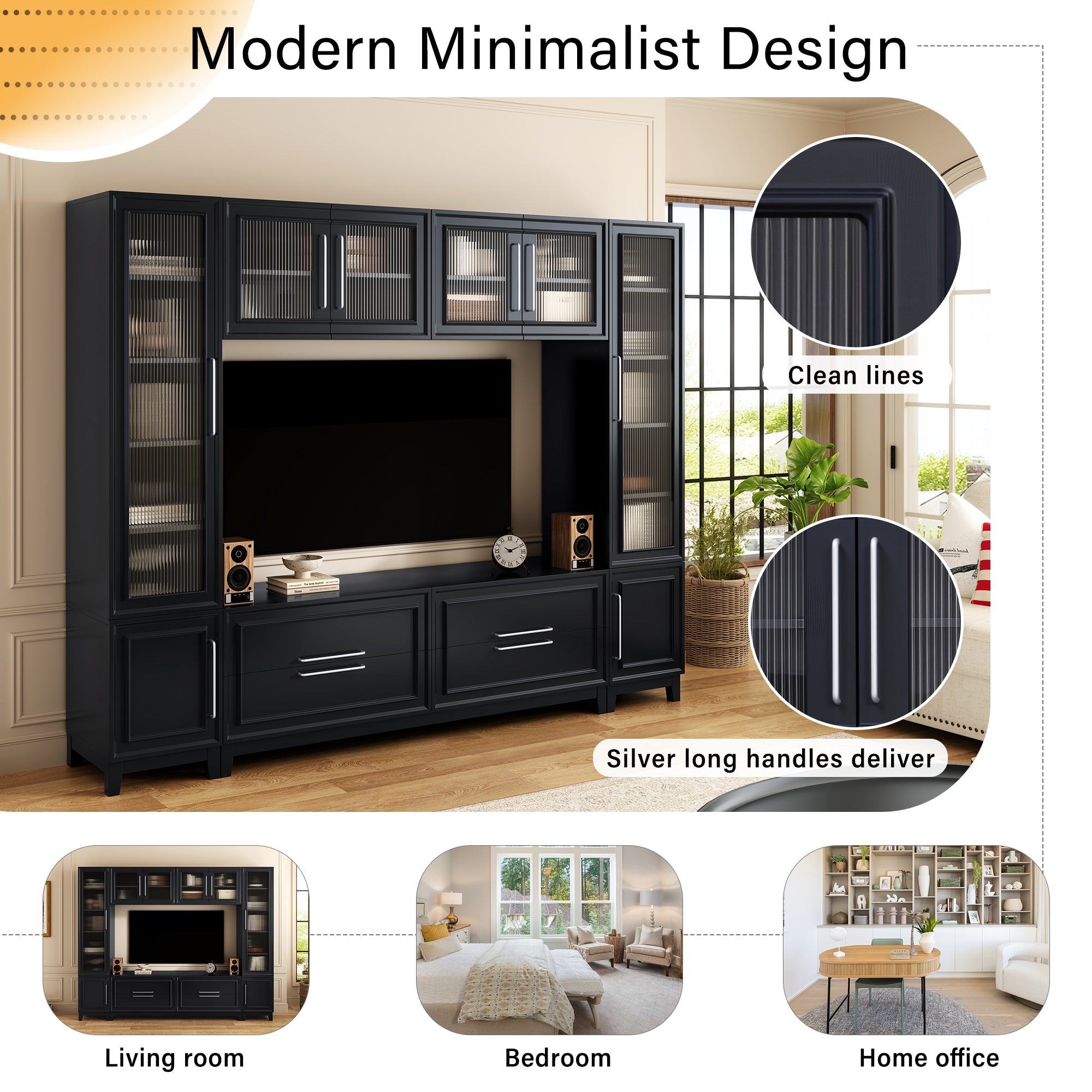 VIBE HAUS 102 W Wall Unit Modern Entertainment Center With Glass Doors For TVs Up To 75, Large Minimalist TV Stand Media Console With Drawers For Living Room