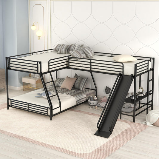 L-Shaped Twin Full Bunk Bed With Loft, Desk  Slide, Black