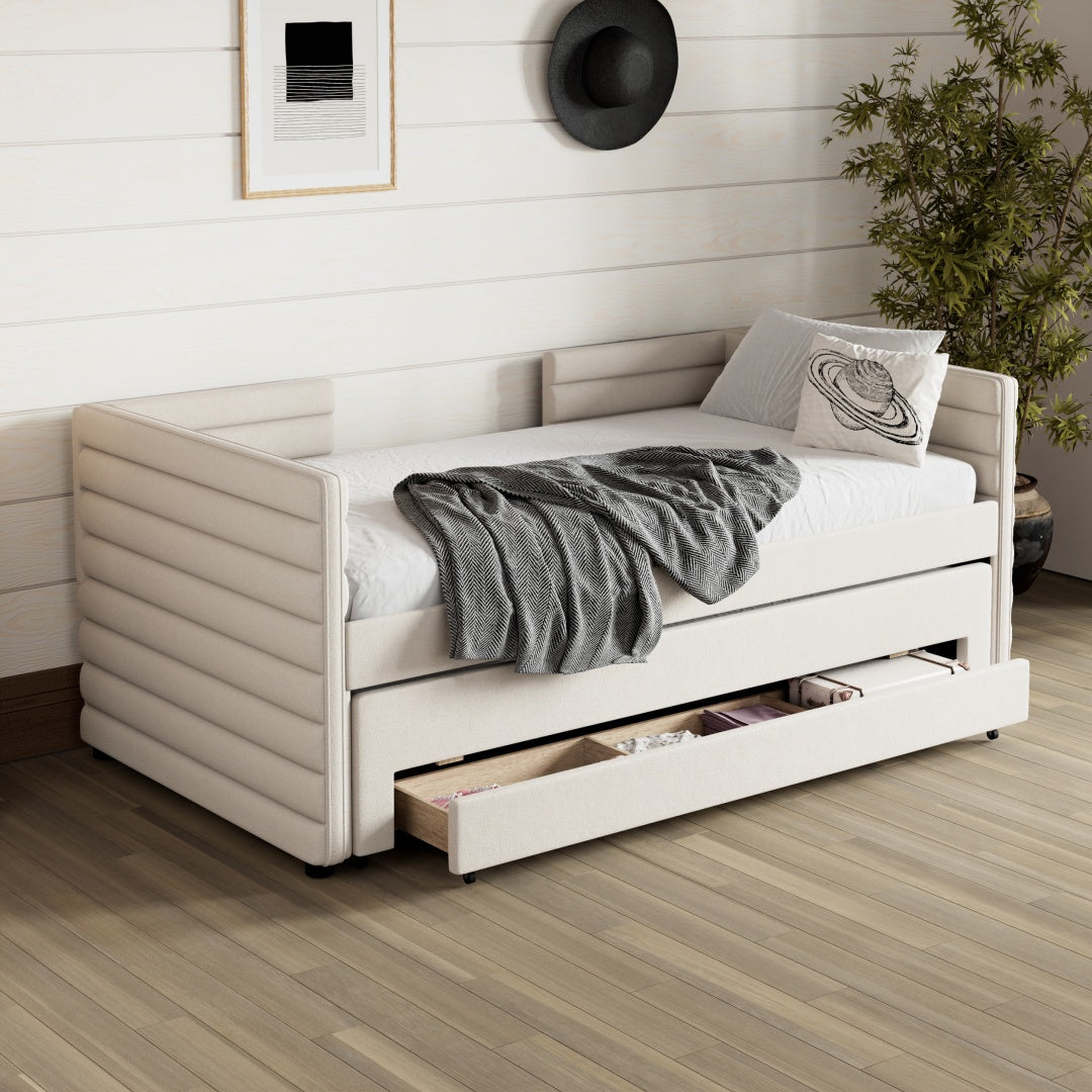 Twin Size Upholstered Daybed With Trundle And 3 Storage Drawers, Chenille Fabric Sofa Bed For Guest Room, Living Room, Space-Saving Modern Day Bed Frame, No Box Spring Needed