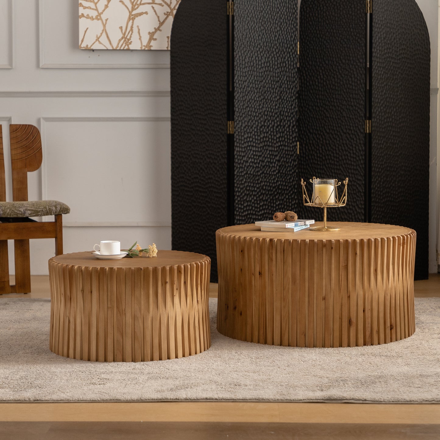 Vintage Fashion Style Cylindrical Nesting Coffee Table Set With Vertical Textured Embossed Design For Living Room, Office And Dining Room, Natural Set Of 2
