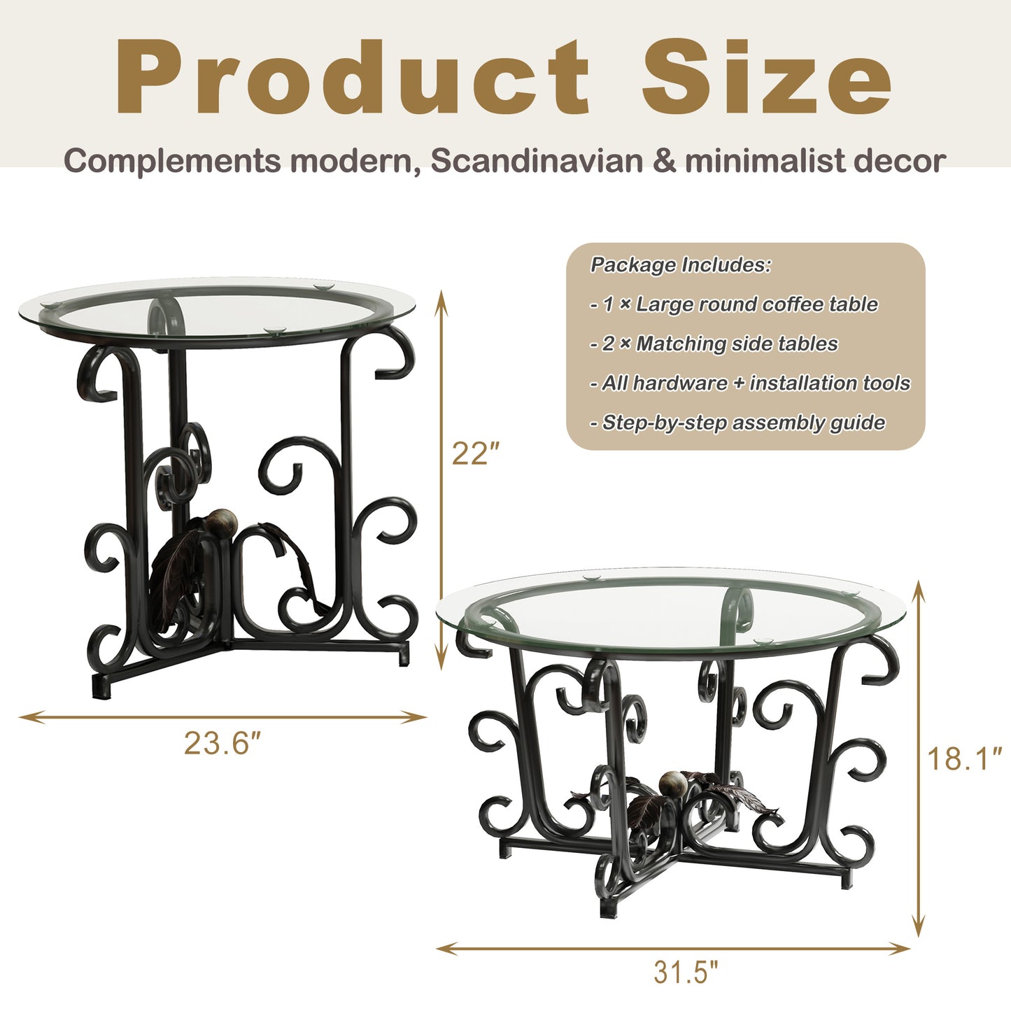 3-Piece Coffee Table Set, Tempered Glass Surface With Sturdy Metal Frame - Modern Living Room Sets 1 Coffee Table 2 End Tables, Scratch-Resistant & Easy To Clean For Small Spaces, Apartments
