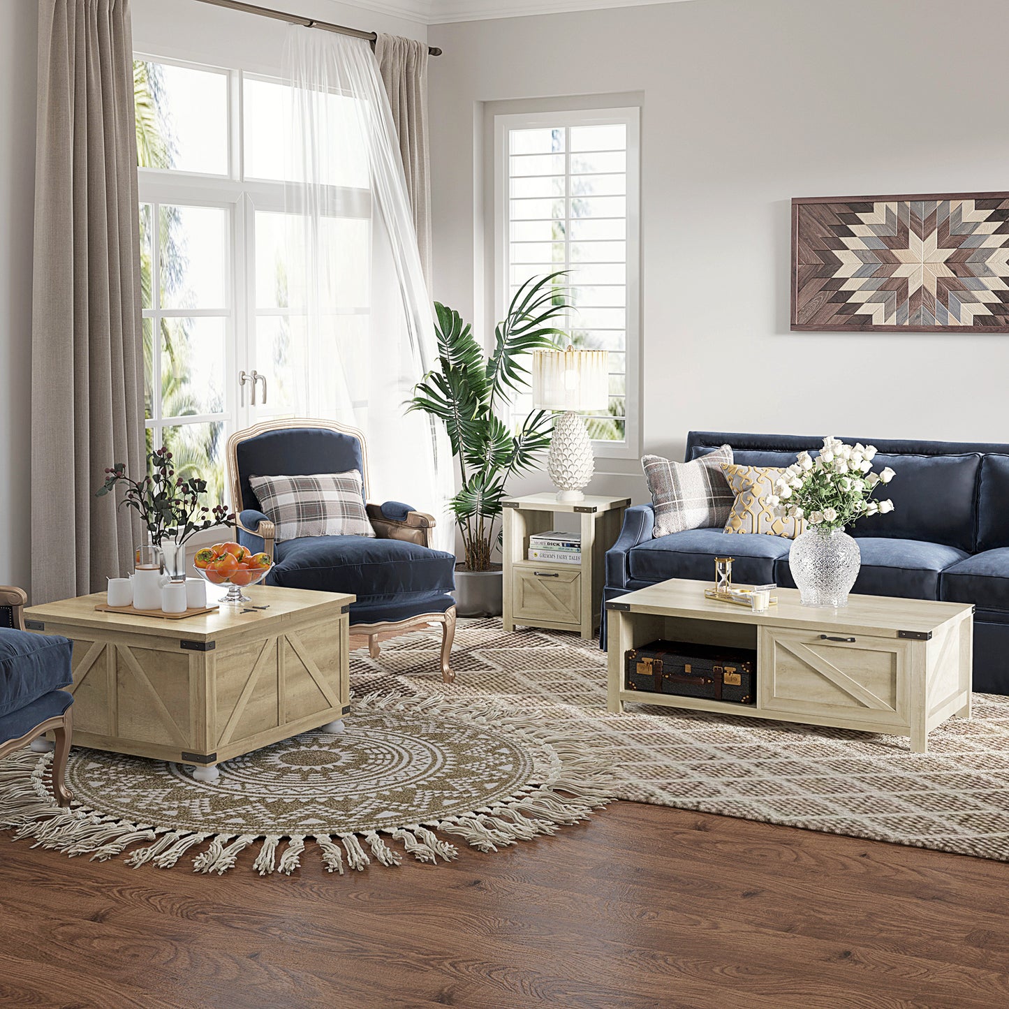 Farmhouse Coffee Table with Storage, Large Square Coffee Table for Living Room Furniture, Wooden Center Table