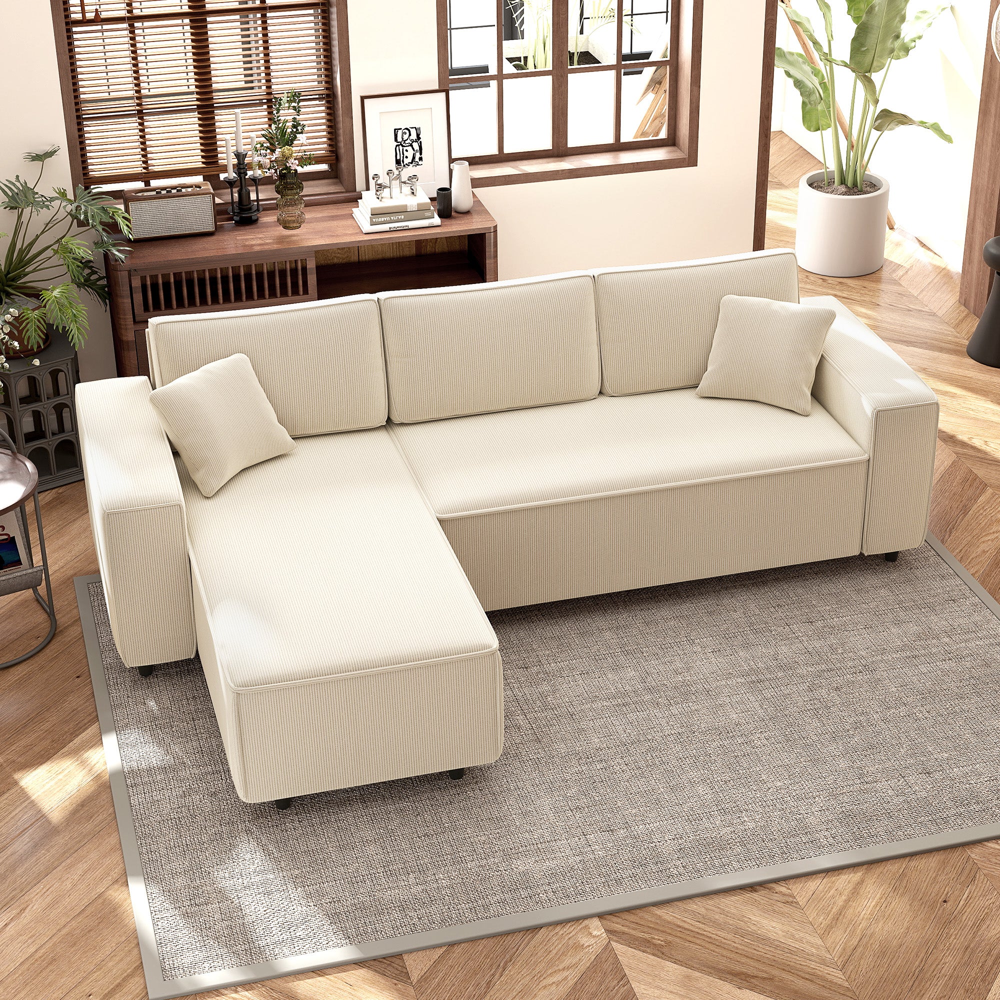 Corner Sofa with Reversible Chaise Lounge, Corduroy L-Shaped Sectional Sofa with Pocket Spring, Cream White