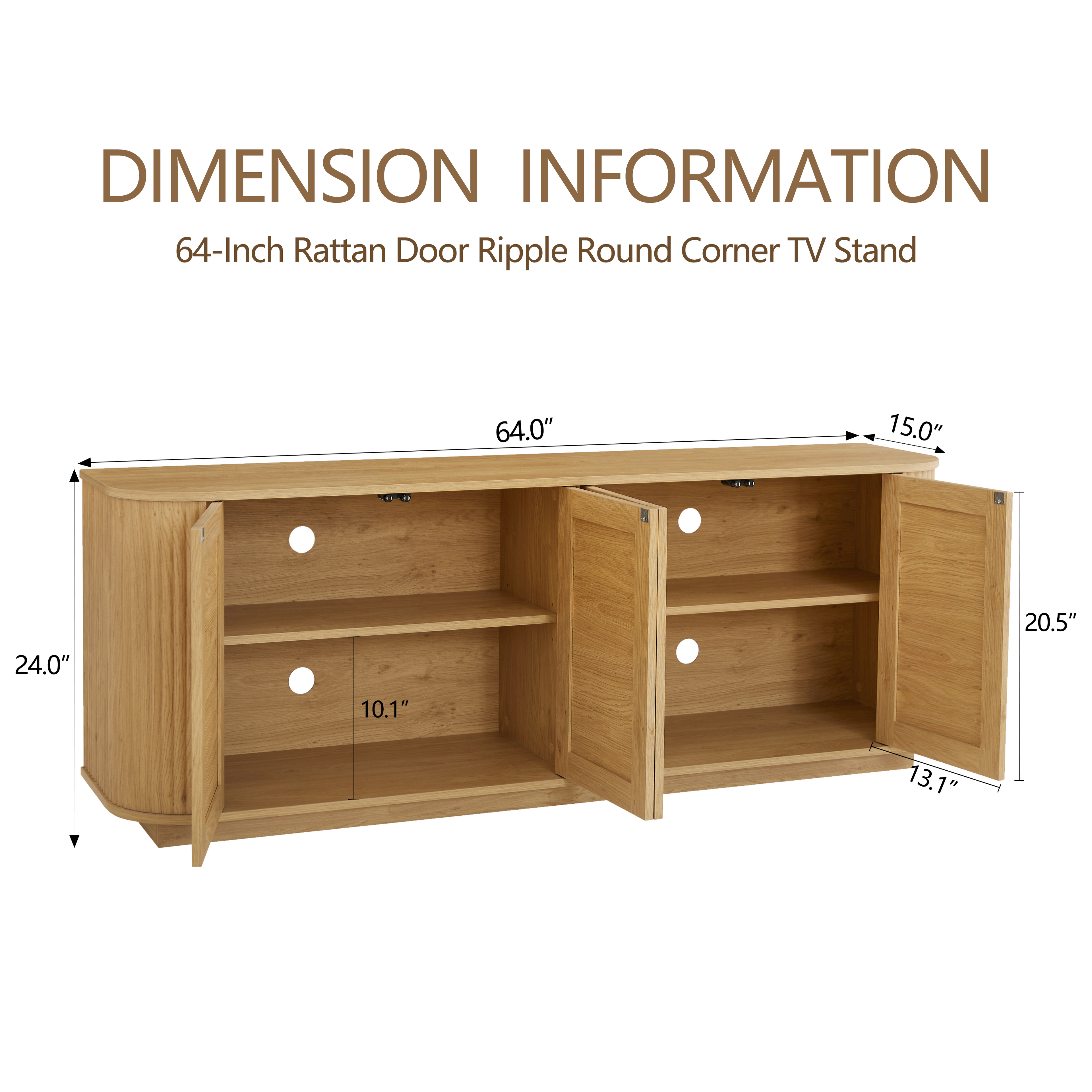 64-inch Wave Shaped TV Stand, Rounded Corner Sideboard, Storage Cabinet, Buffet, Wood Vertical Striped Cabinet With Rattan Doors For Kitchen Bedroom Entryway. Natural, 64W X 15D X 24H