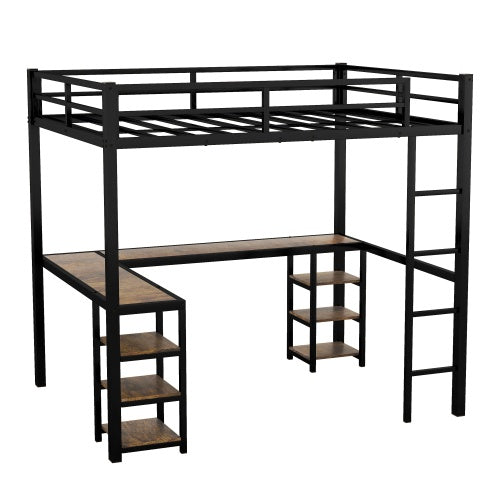 Full XL Metal Loft Bed With Desk And Shelves, Loft Bed With Ladder And Guardrails, Loft Bed Frame For Bedroom, Black