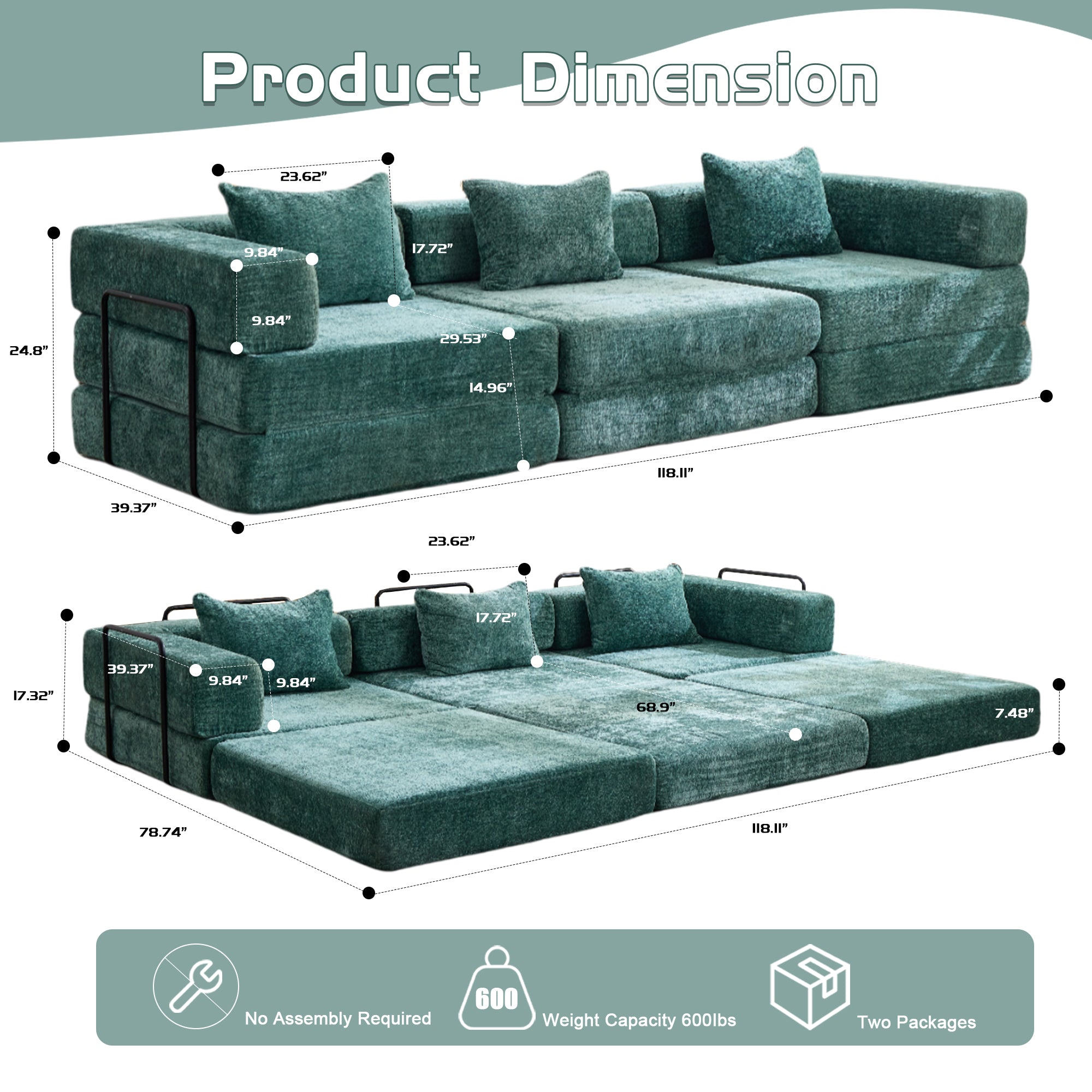 Compression Sofa,Convertible Floor Sofa Bed With Fixed-Shape Frame, Boneless Modular Sectional Sofa,No Assembly Required,Chenille Fabric,for Living Room Bedroom,Dark Green