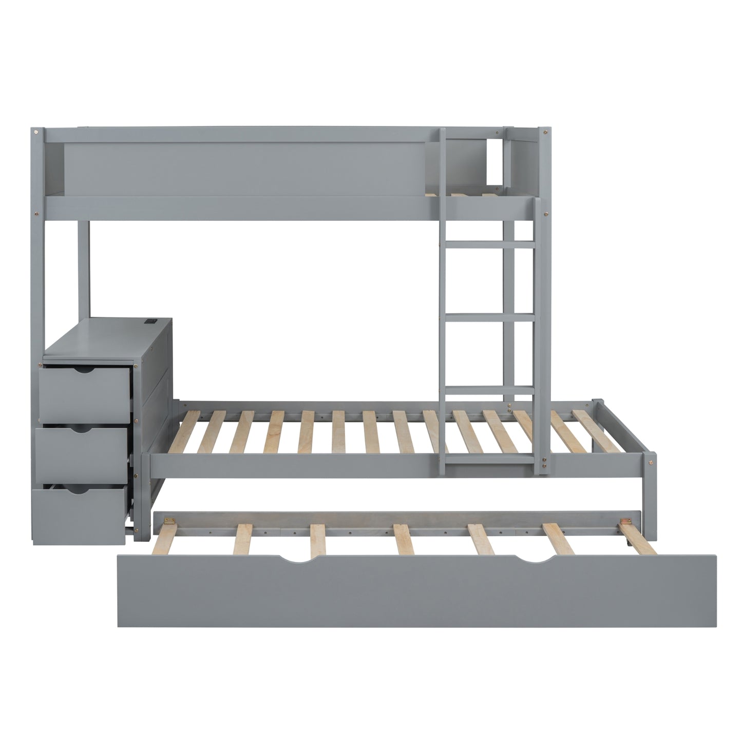 Twin-Over-Twin Bunk Bed With Twin Size Trundle, Storage And Desk, Gray
