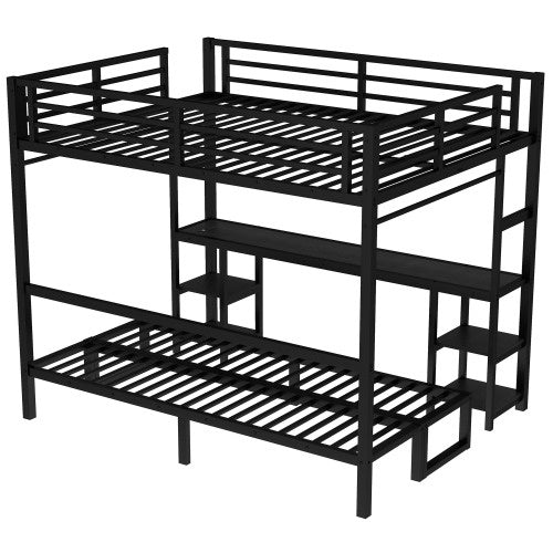 Queen Over Twin XL Metal Bunk Bed Loft Bed With Desk And Shelves, Multiple Uses Folds Into Sofa With LED And USB, Black