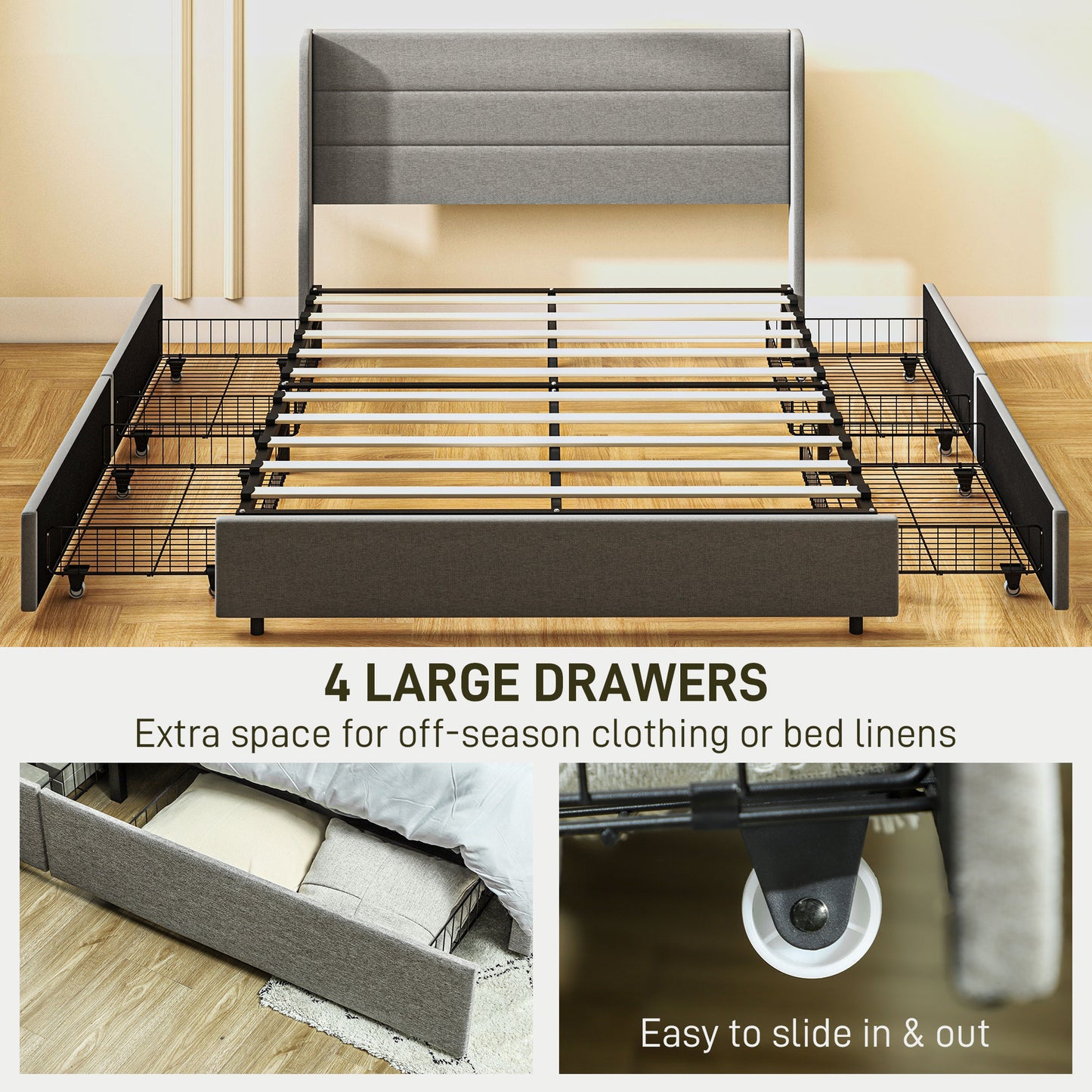 Queen Bed Frame with Storage Drawers, Queen Size Bed Base with Headboard, Wood Slats, Noise-Free, Light Gray