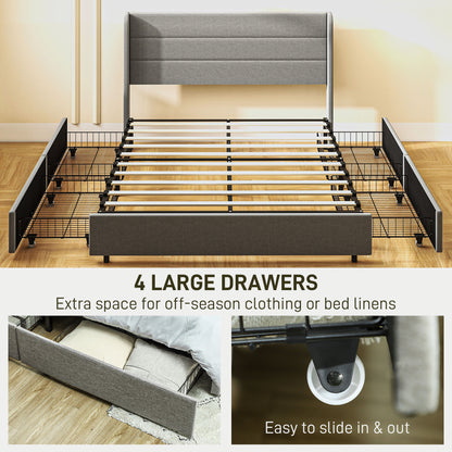 Queen Bed Frame with Storage Drawers, Queen Size Bed Base with Headboard, Wood Slats, Noise-Free, Light Gray