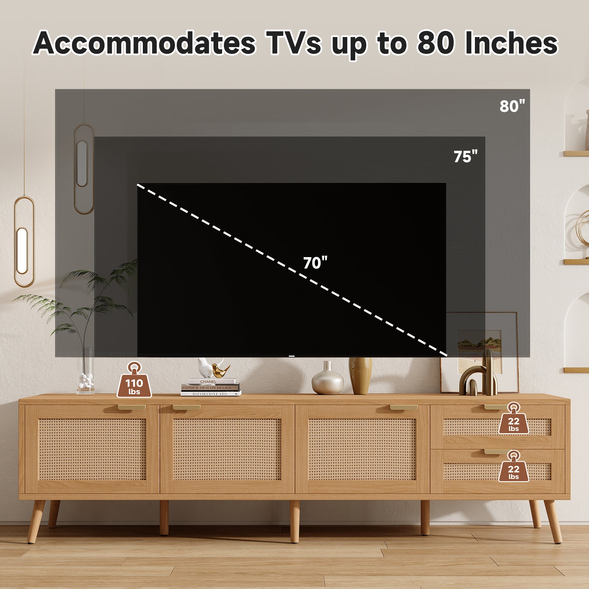70inch Modern TV Stand With Rattan Doors For TVs Up To 80, Media Console With Storage Space, 2 Drawers & Cable Holes, Entertainment Center For Living Room