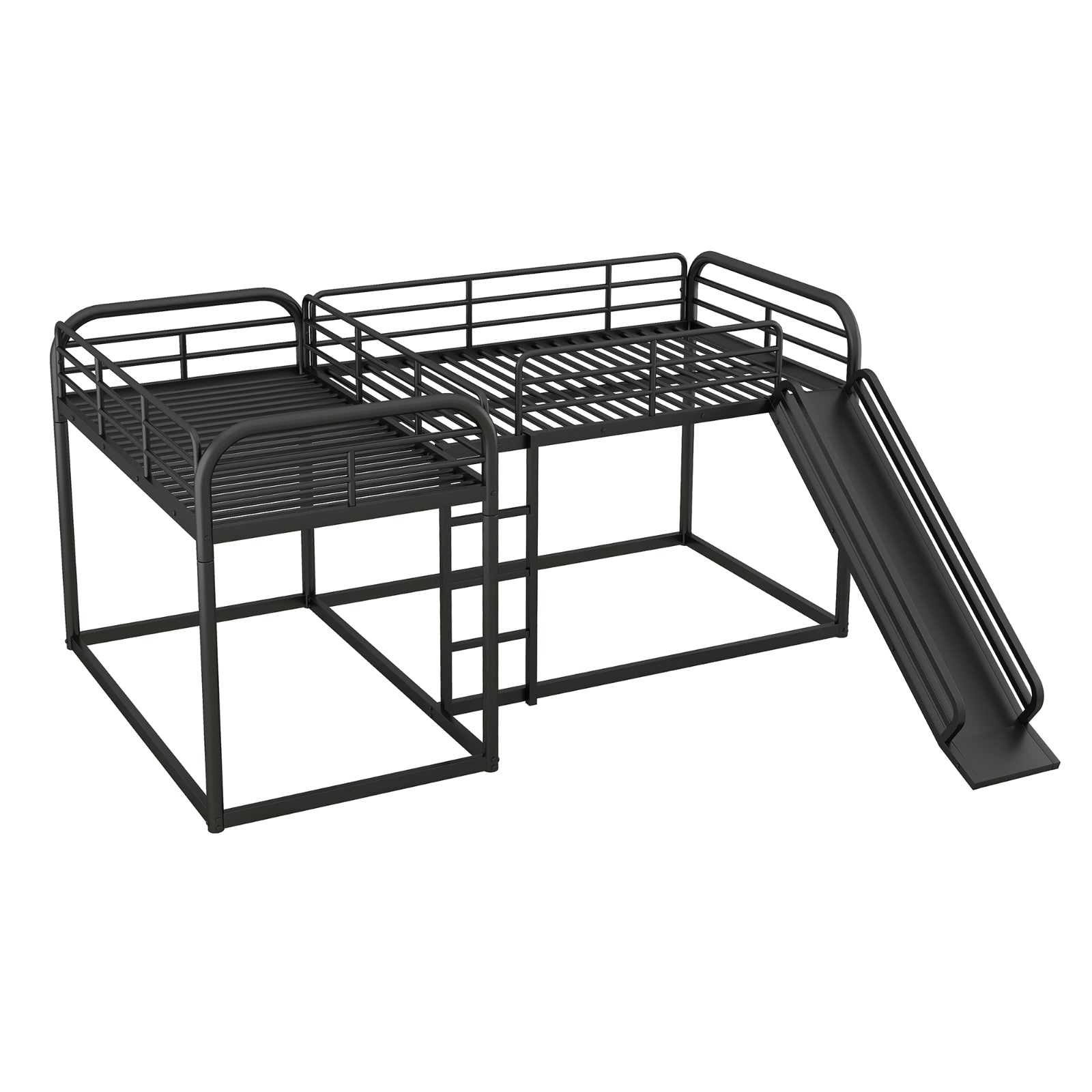 Full And Twin Size L-Shaped Bunk Bed With Slide And Short Ladder, Black