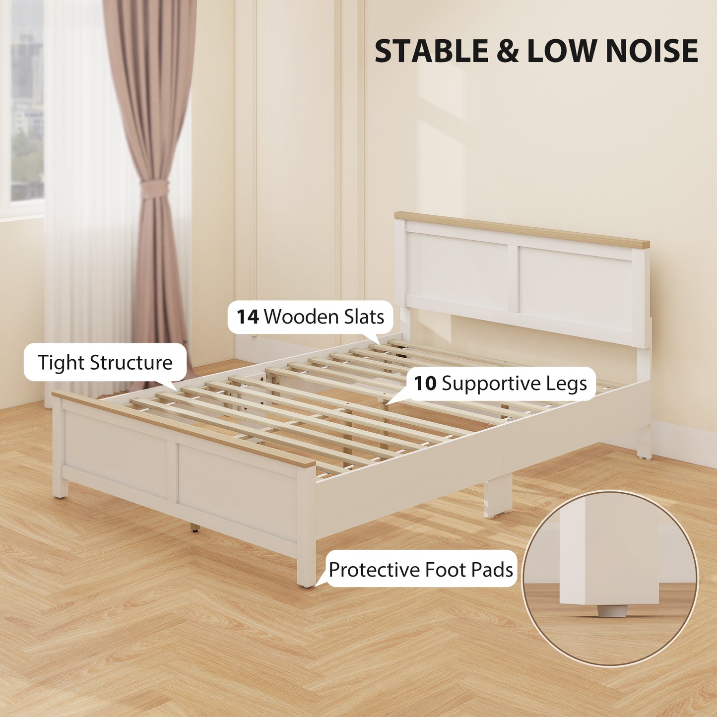 Full Bed Frame with Headboard, Modern Platform Bed Frame with Wooden Slats, No Box Spring Needed, Easy Assembly, White