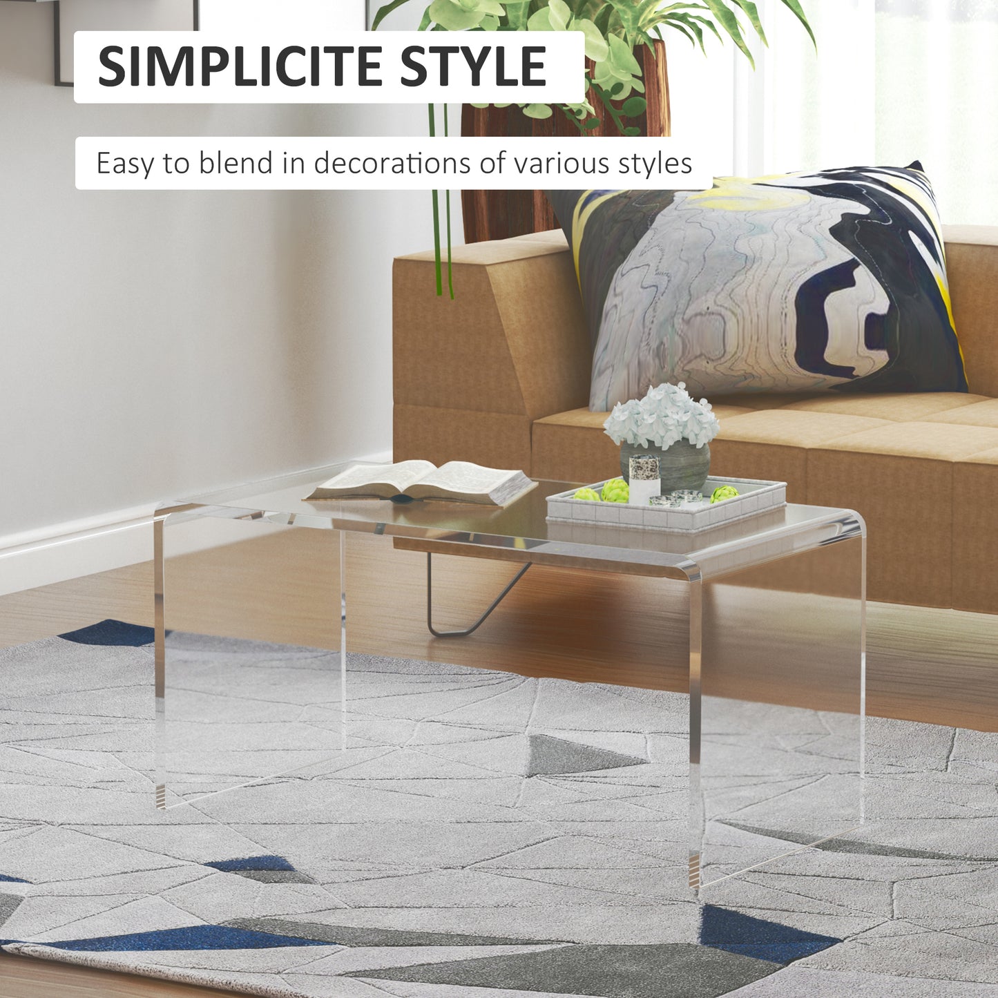 0.6" Thick Acrylic Coffee Table, 32" Long Rectangle Waterfall Coffee Table, Clear
