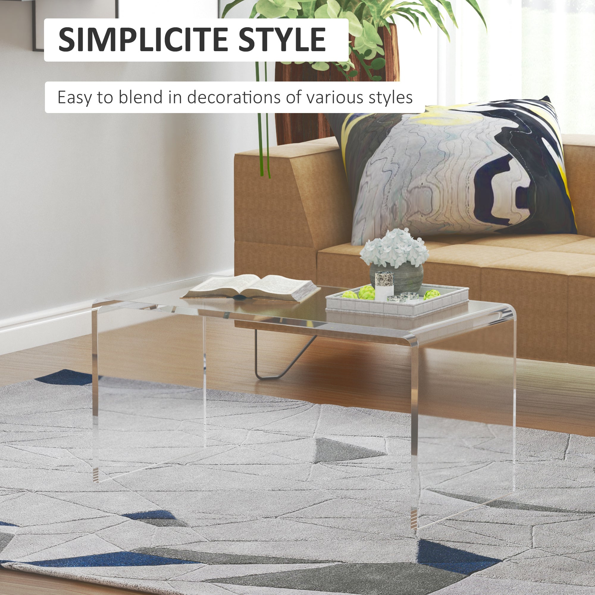 0.6" Thick Acrylic Coffee Table, 32" Long Rectangle Waterfall Coffee Table, Clear