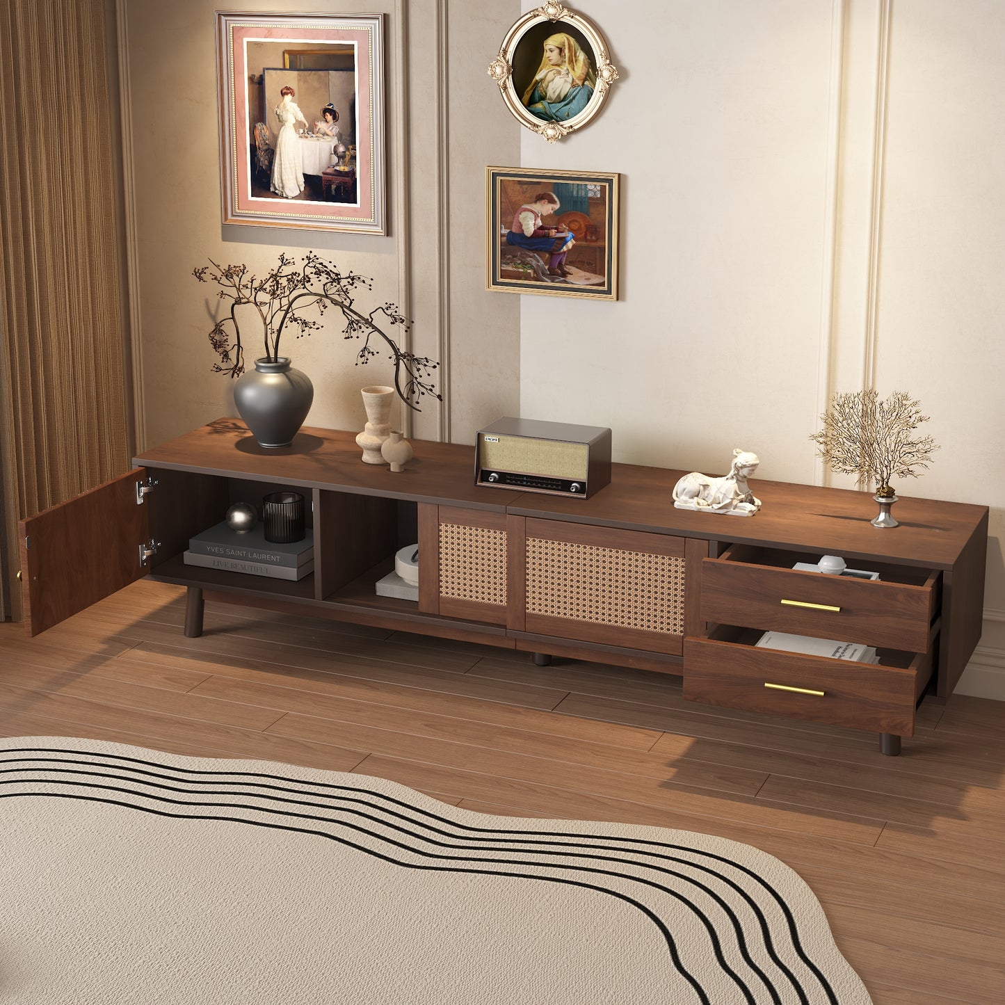 Mid Century Modern TV Stand For 80 TVs, Entertainment Center With Sliding Doors And Drawers, TV Table With Storage For Living Room, Bedroom