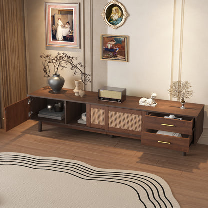 Mid Century Modern TV Stand For 80 TVs, Entertainment Center With Sliding Doors And Drawers, TV Table With Storage For Living Room, Bedroom
