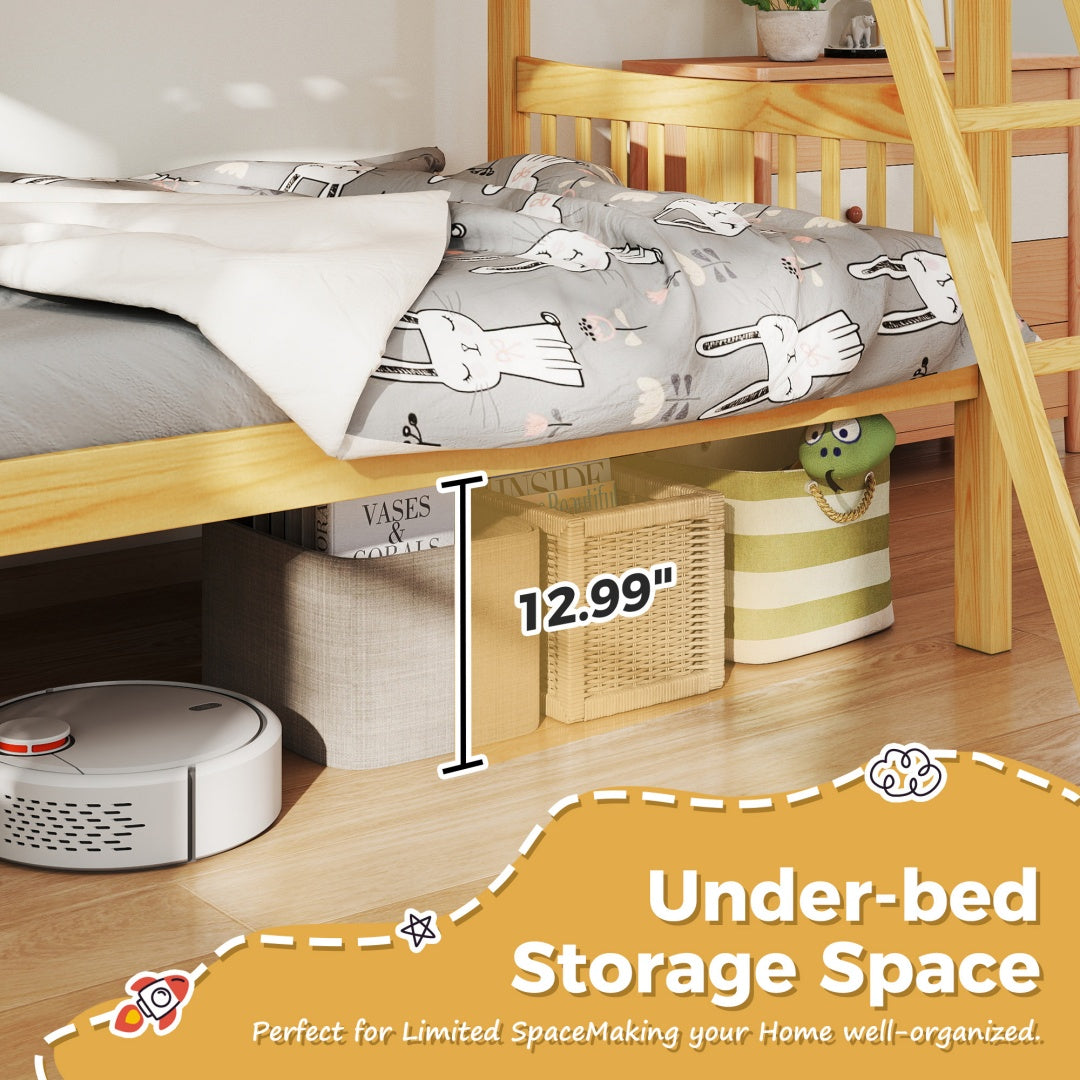 A-B Combination For Sale, Please Do Not Buy Separately--Loft Bunk Bed Twin Over Twin, Solid Wood Frame With Slats, Bunk Beds With Ladder And Guardrail