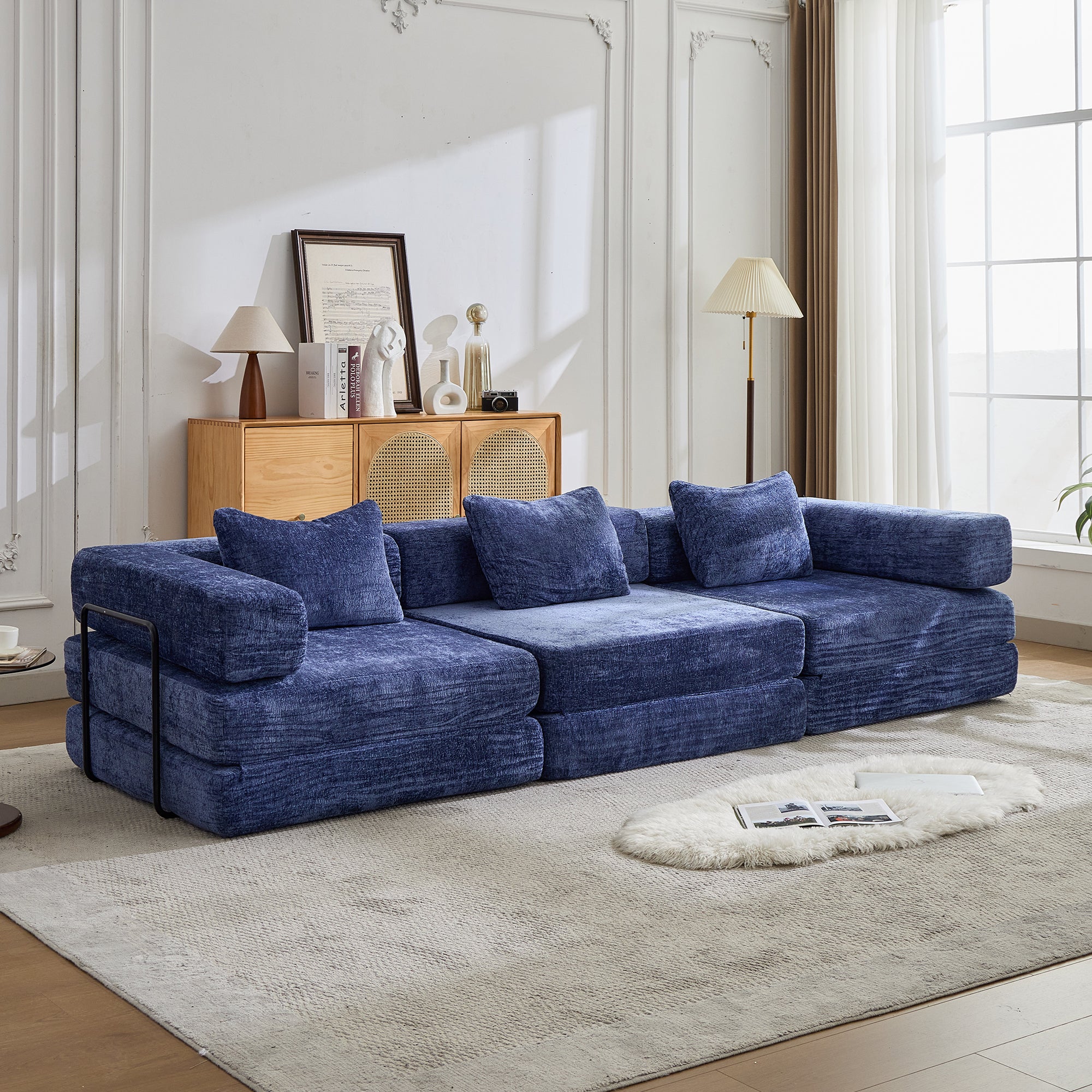 Compression Sofa,Convertible Floor Sofa Bed With Fixed-Shape Frame, Boneless Modular Sectional Sofa,No Assembly Required,Chenille Fabric,for Living Room Bedroom,Dark Blue