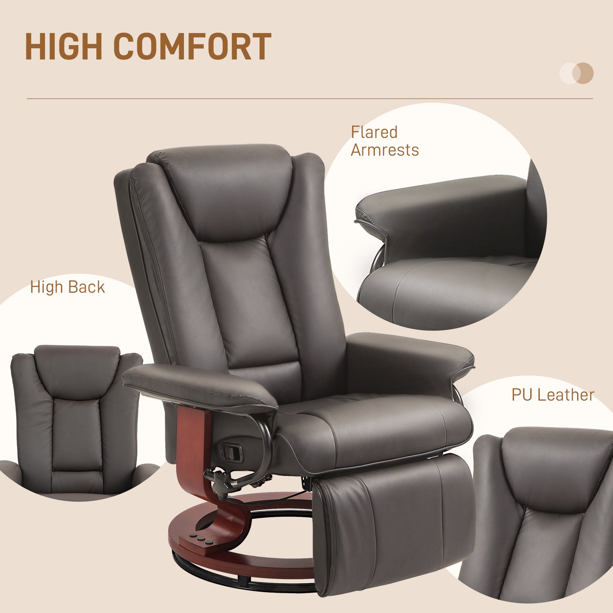 Modern RV Recliner Chair, PU Leather Swivel Recliner Armchair with Footrest for Living Room, Brown