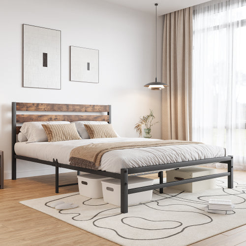 Queen Size Platform Bed Frame With Rustic Vintage Wood Headboard, Strong Metal Slats Support Mattress Foundation, No Box Spring Needed Rustic Brown