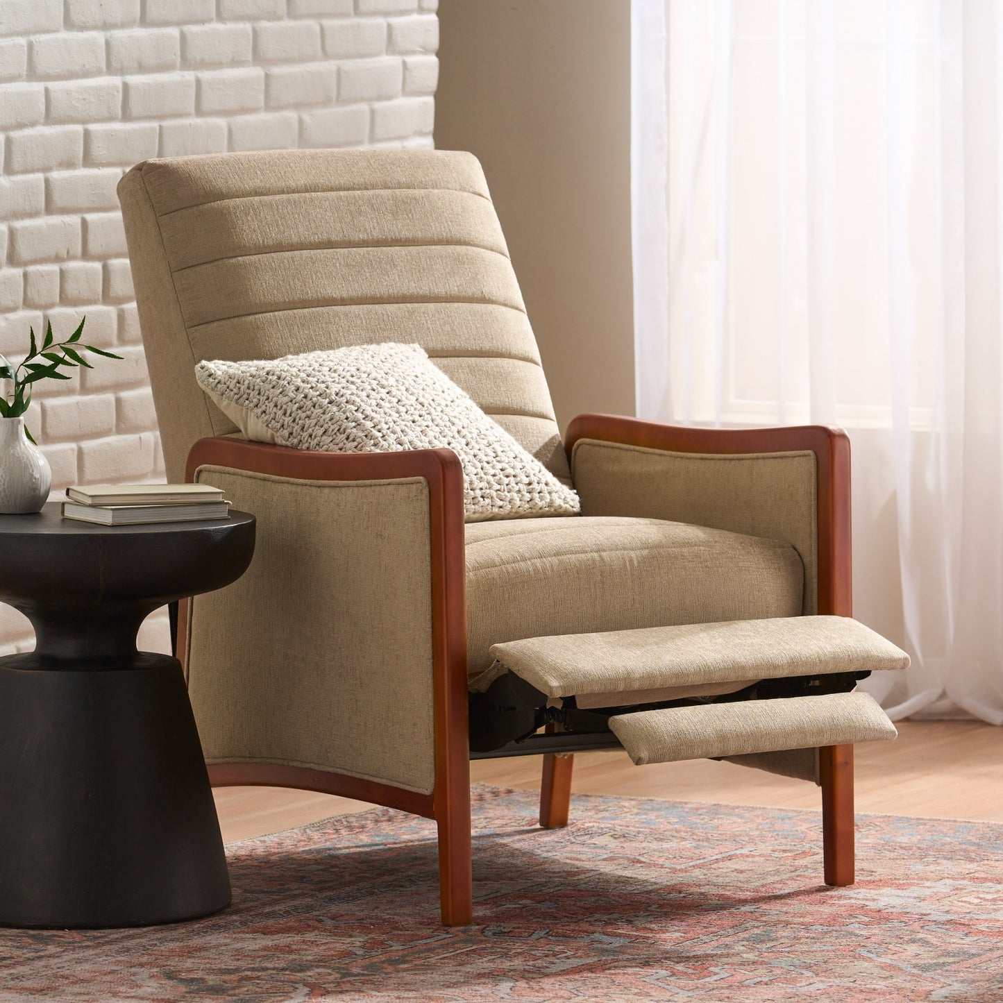 Mid Century Modern Fabric Channel   Wood Pushback Recliner