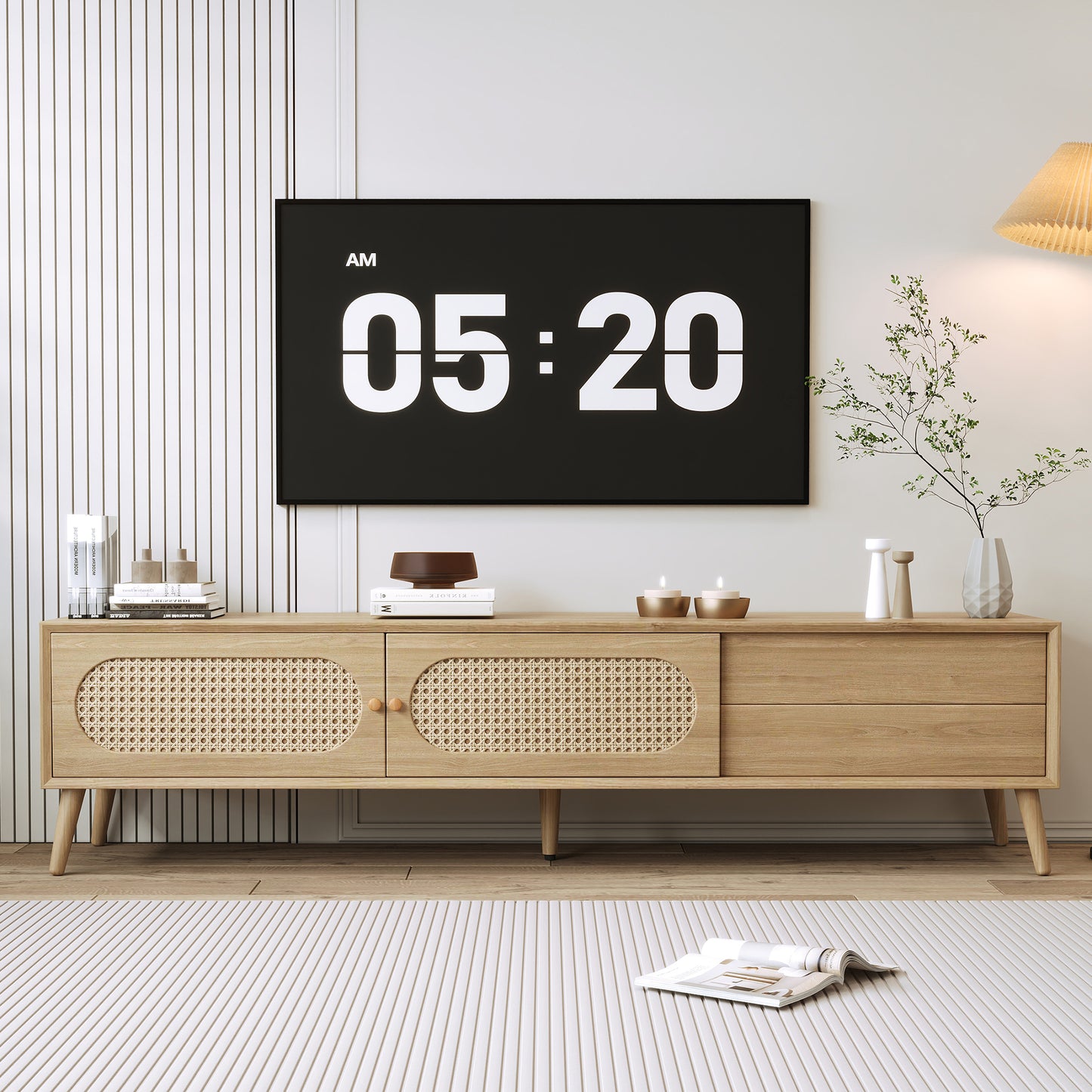 Boho TV Stand For TVs Up To 80'' , Modern Farmhouse Media Console, Entertainment Center With Solid Wood Legs, TV Cabinet For Living Room, Home Theatre