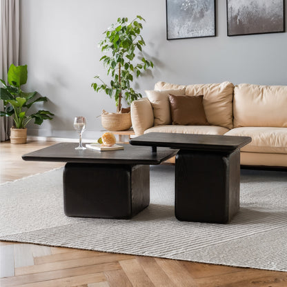 Vintage Fashion Style Square Coffee Table Set With Wood Grain Finish,for Living Room, Office And Dining Room, Black Set Of 2