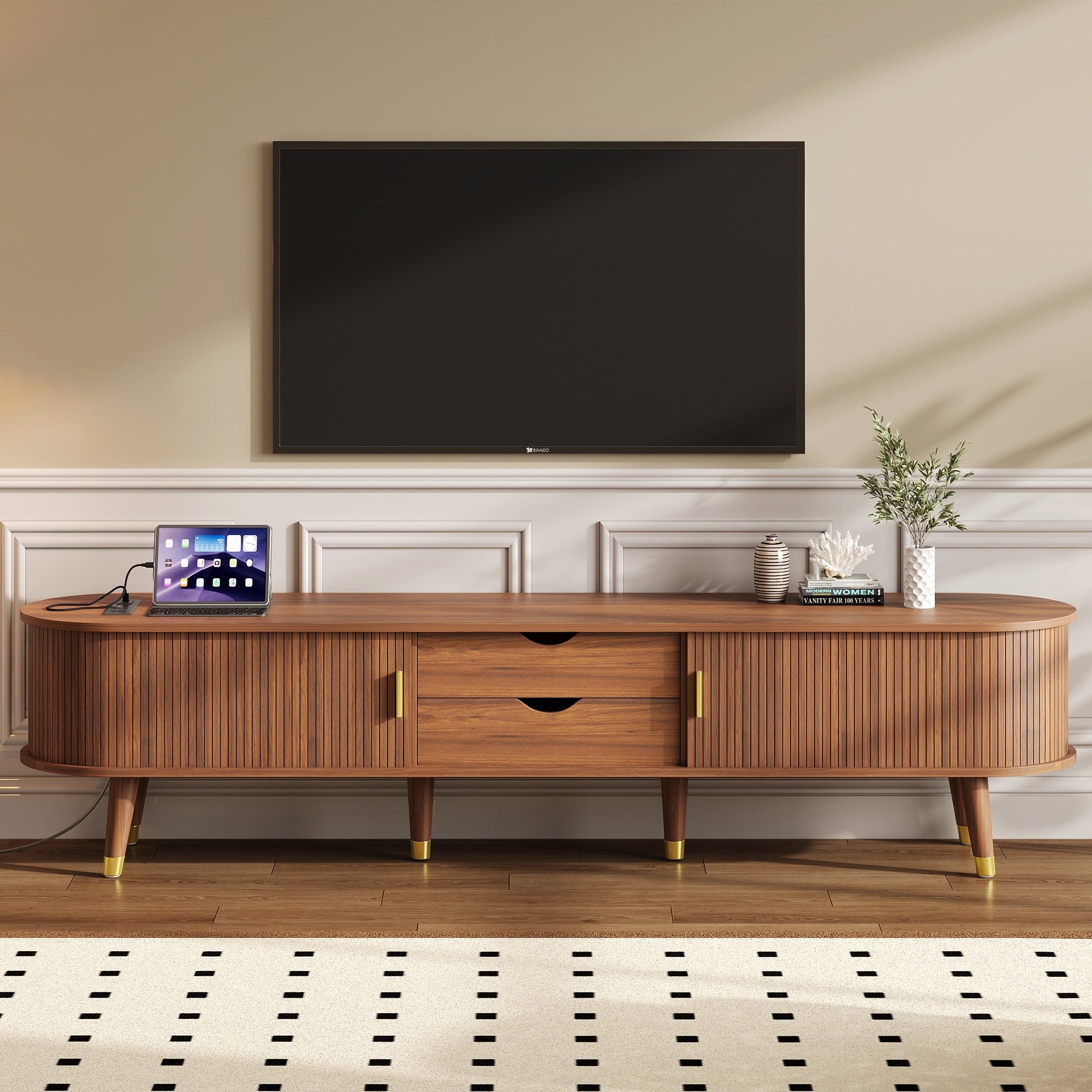 Assembly Video Wooden Oval Fluted TV Stand With Charging Station For TV Up To 80, Mid-Century Media Console With Sliding Tambour Door, Farmhouse TV Cabinet With Golden Handle For Living Room, Walnut