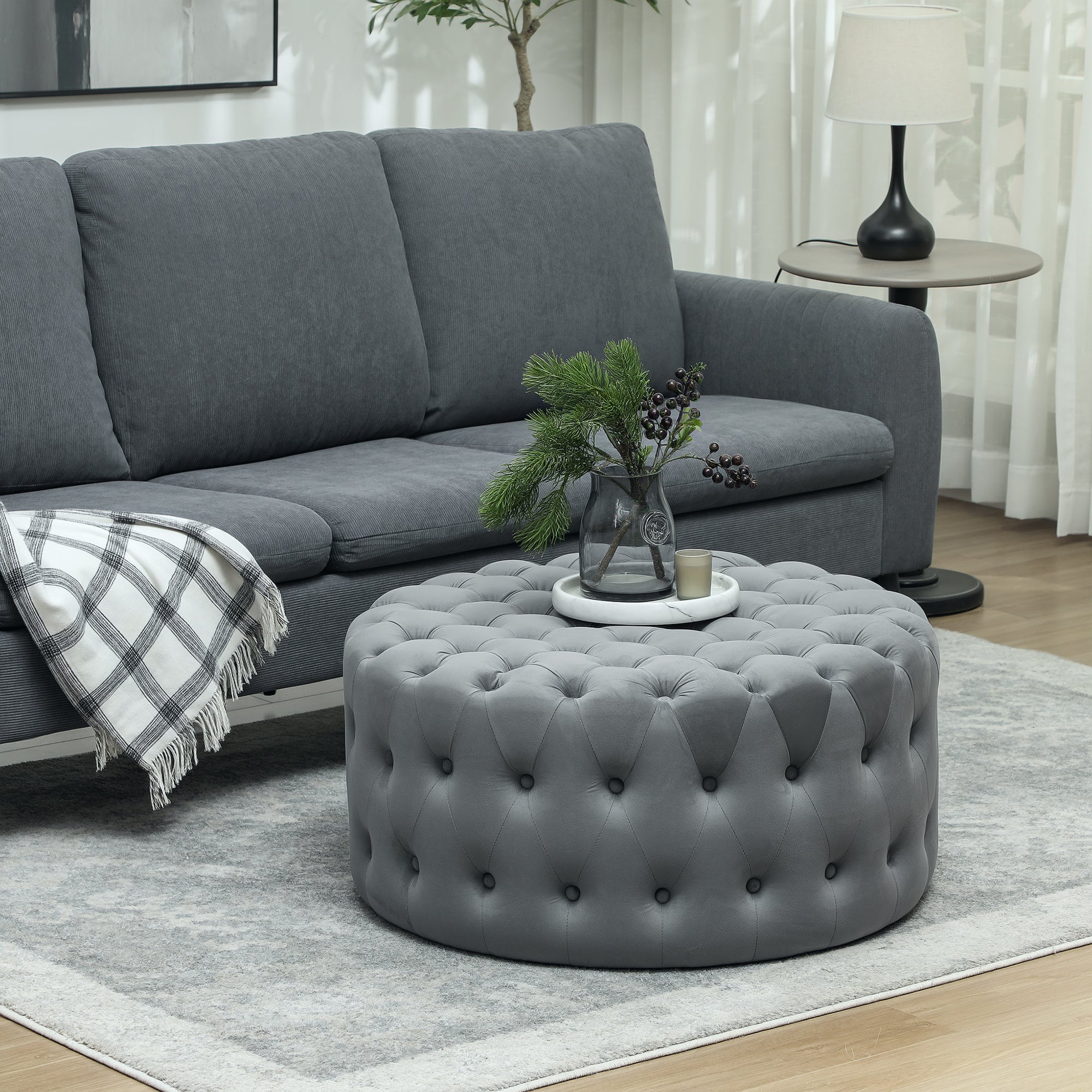 Round Ottoman Coffee Table with Velvet-feel Upholstery, Button Tufted Design and Padded Seat, Dark Gray